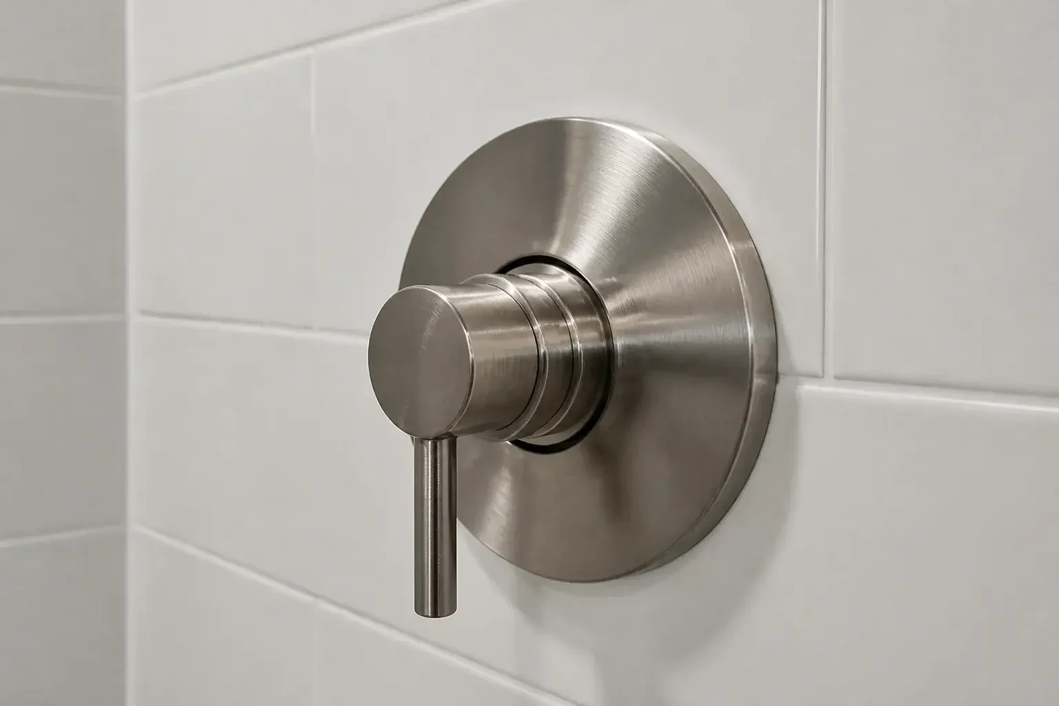 Close-up of a brushed-nickel shower fixture on white tile