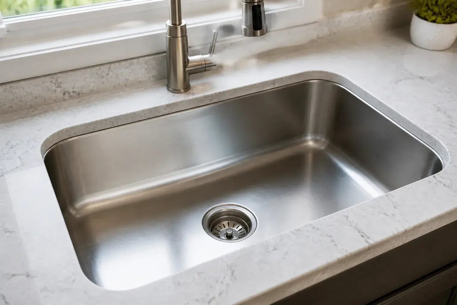 Spotless kitchen sink with a clear drain