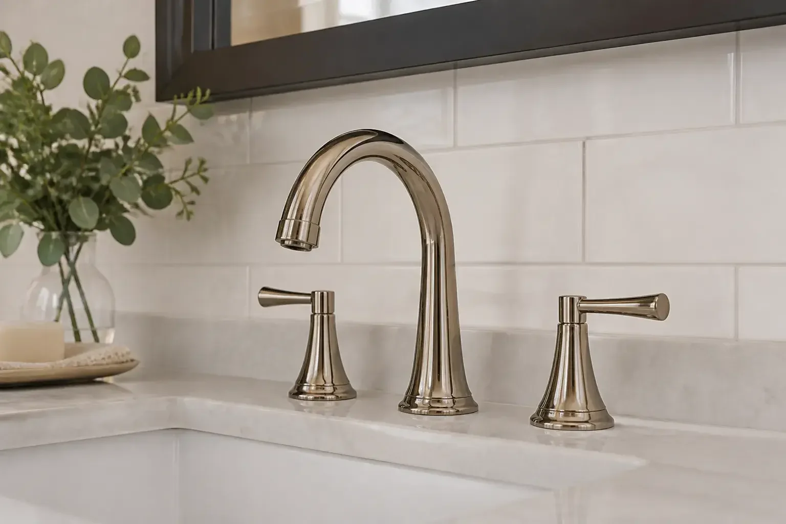 New bathroom faucet and handles on a clean vanity