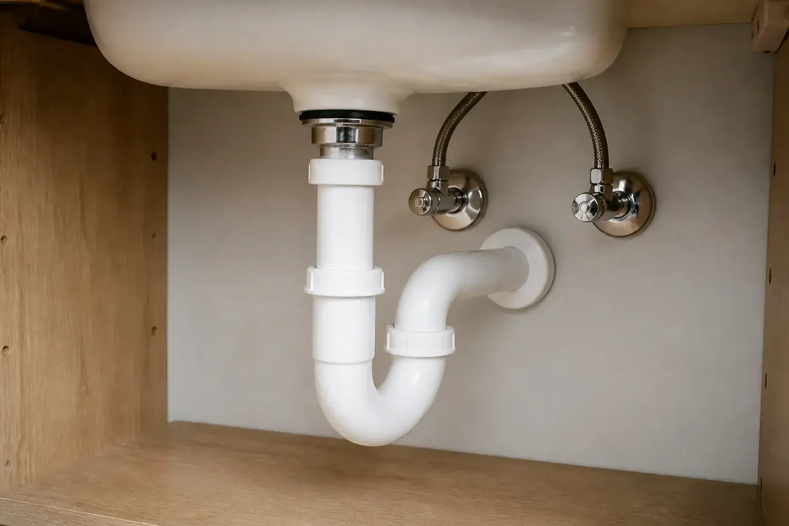 Dry, repaired pipe connections under a bathroom sink