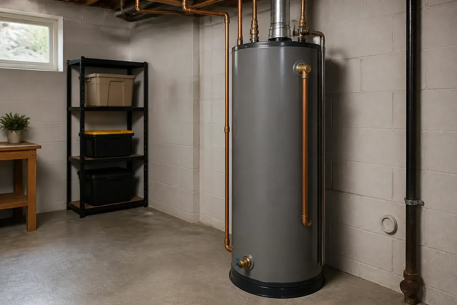 Cleanly installed water heater with neat piping in a basement