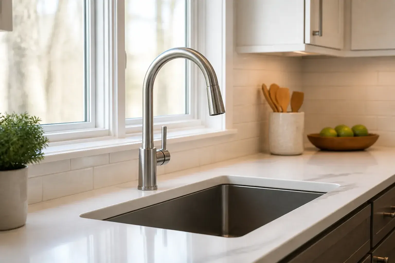 Modern kitchen faucet installed over a clean sink