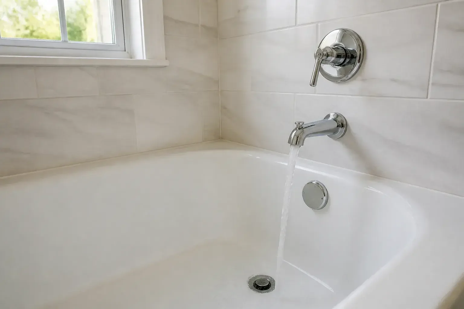 Finished bathroom tub area with a clear, clean drain