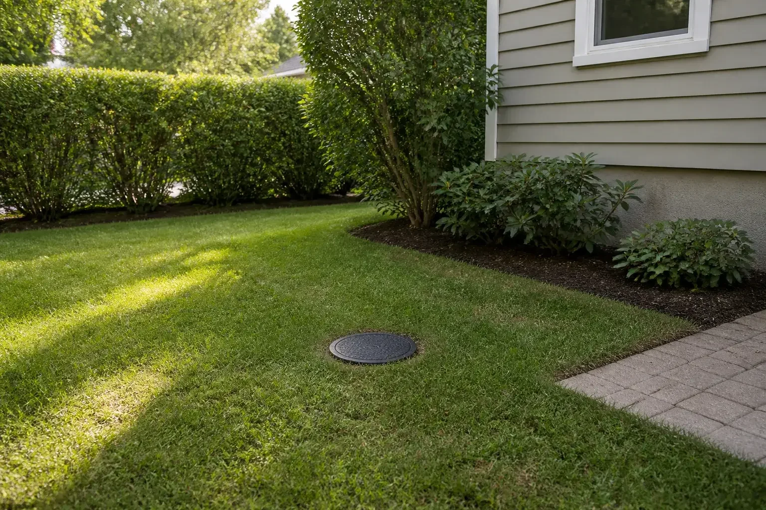 Restored lawn beside a suburban home after sewer work